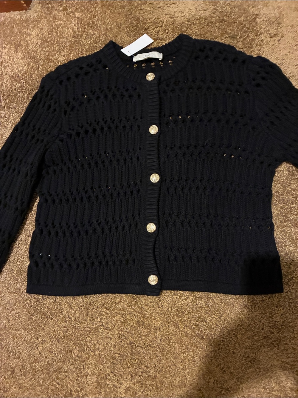 LOFT. Black Open-weave Button-Front Cardigan. Size L. BEAUTIFUL. NWT